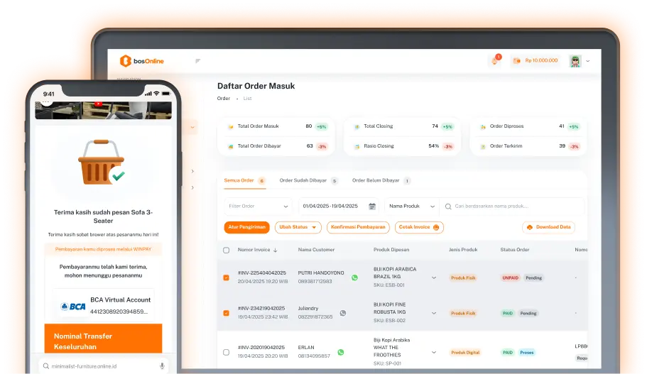 Tampilan dashboard bosOnline pada laptop yang menampilkan daftar order masuk, status pembayaran, dan statistik penjualan, serta tampilan konfirmasi pemesanan pada aplikasi mobile.